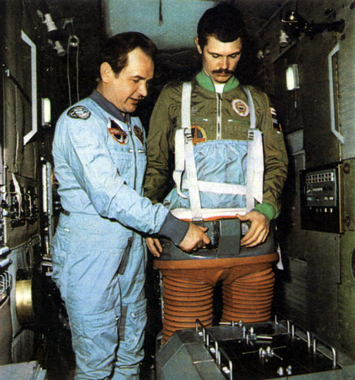 Советско-венгерский экипаж осваивает вакуумный костюм 'Чибис'